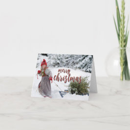 Cartes Pour Fêtes Annuelles Fille tirant traîneau avec arbre, Joyeux Noël