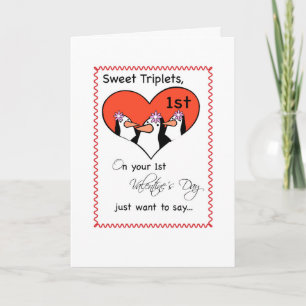 Cartes Pour Fêtes Annuelles Fille Triplets 1ère Saint Valentin mignonne Pengui