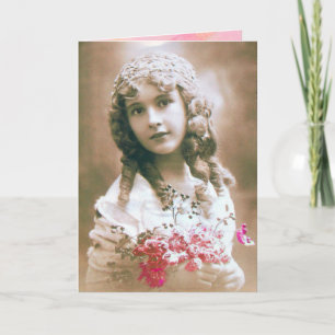 Cartes Pour Fêtes Annuelles FILLE vintage AUX FLEURS