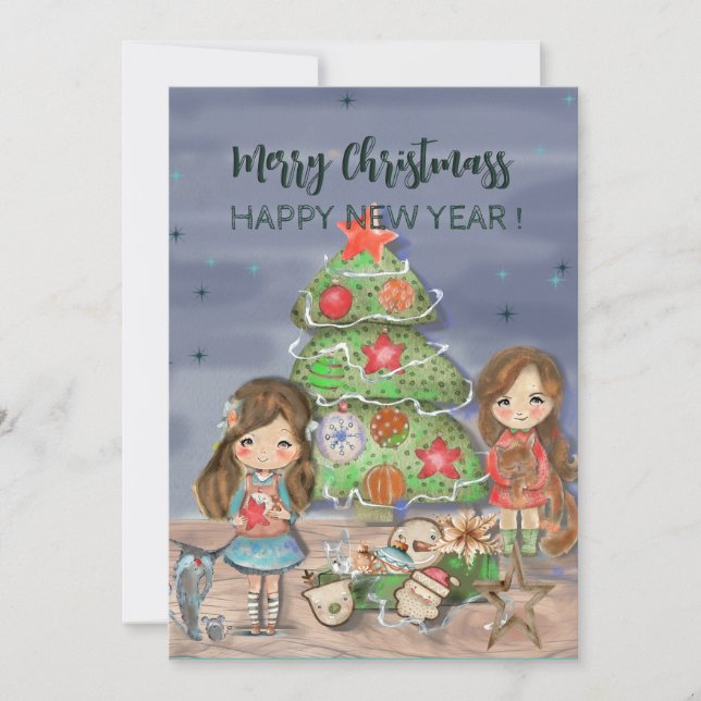 Cartes Pour Fêtes Annuelles Filles décorant l'arbre de Noël (Devant)