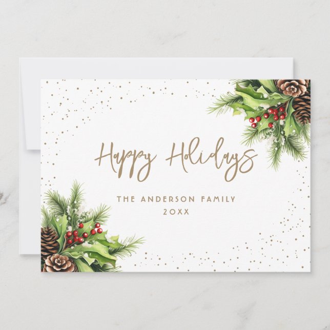 Cartes Pour Fêtes Annuelles Fir Cones Holly Red Berries Or blanc (Devant)