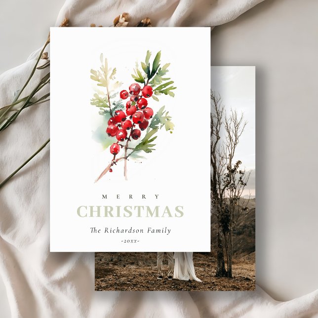 Cartes Pour Fêtes Annuelles Fir rouge Fir hiver photo de Noël Aquarelle (Créateur téléchargé)