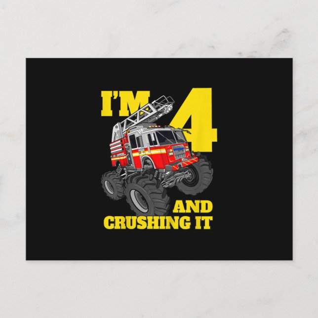 Cartes Pour Fêtes Annuelles Fire Truck 4e Birthday Boy 4 Firefighter Poison (Devant)