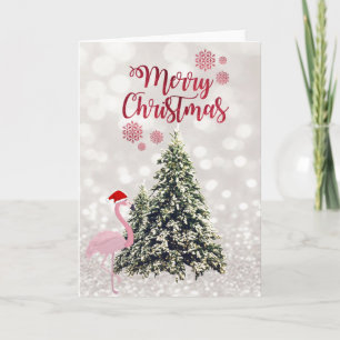 Cartes Pour Fêtes Annuelles Flamant rose Avec Chapeau De Père Noël, Pins Arbre