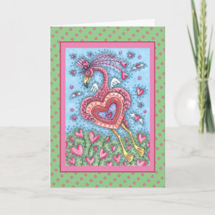 CARTES POUR FÊTES ANNUELLES FLAMANT ROSE CUPIDON ET CŒURS VOLANTS SAINT-VALENT