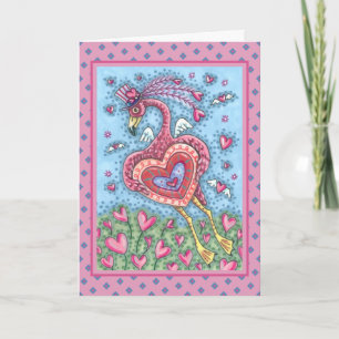 CARTES POUR FÊTES ANNUELLES FLAMANT ROSE CUPIDON ET CŒURS VOLANTS SAINT-VALENT