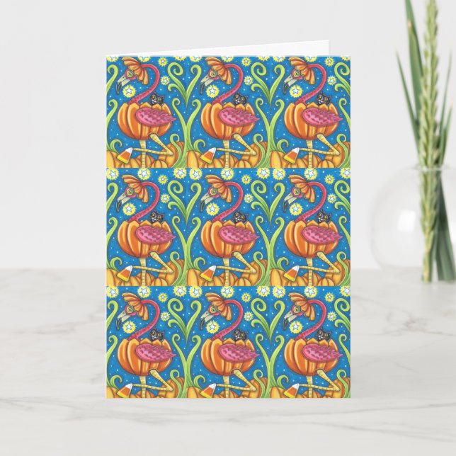 CARTES POUR FÊTES ANNUELLES FLAMANT ROSE DE HALLOWEEN & CHAT NOIR DANS CITROUI (Devant)