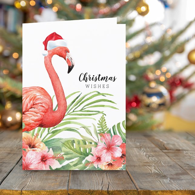 Cartes Pour Fêtes Annuelles Flamant rose de Noël Fleuris Voeux (Christmas Flamingo Floral Greenery Wishes Holiday Card)