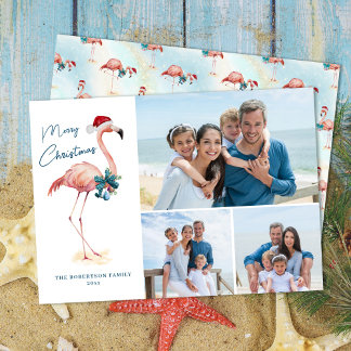 Cartes Pour Fêtes Annuelles Flamant rose de Noël Tropical Beach Photo