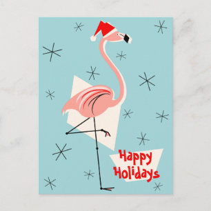 Cartes Pour Fêtes Annuelles Flamant rose Père Noël Blue Happy Holidays portrai