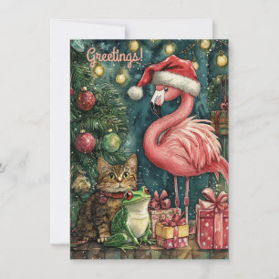 Cartes Pour Fêtes Annuelles Flamant rose rose Chat & Grenouille Noël tropical
