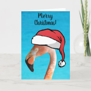 Cartes Pour Fêtes Annuelles Flamant rose rose en caricature rouge Noël chapeau