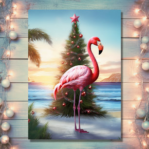 Cartes Pour Fêtes Annuelles Flamant rose rose et sapin de Noël Plage tropicale