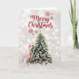 Cartes Pour Fêtes Annuelles Flamant rose Santa Hat, Pine Trees, Glittery Bokeh