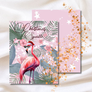 Cartes Pour Fêtes Annuelles Flamant rose Tropical Noël étincelant Père Noël