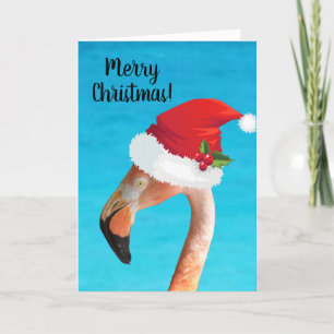 Cartes Pour Fêtes Annuelles Flamingo rose dans un chapeau rouge de Noël