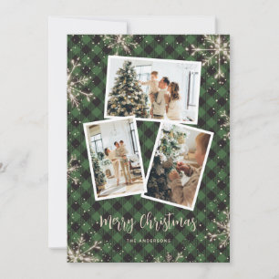 Cartes Pour Fêtes Annuelles Flammes de neige étincelantes Green Plaid Photo No