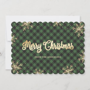 Cartes Pour Fêtes Annuelles Flammes de neige mousseuses Green Plaid Gold Chris