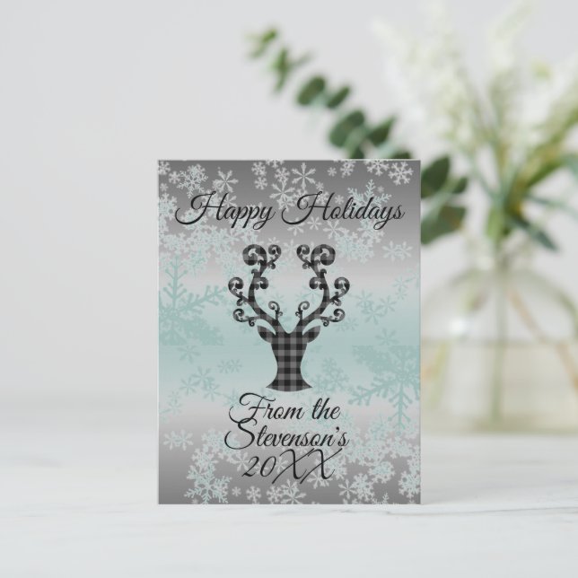 Cartes Pour Fêtes Annuelles Flammes de neige Plaid Reindeer Noël Personnalisé (Debout devant)