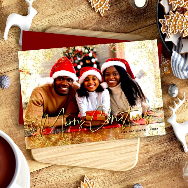 Cartes Pour Fêtes Annuelles Flèche de neige dorée Joyeux Noël rouge (Créateur téléchargé)