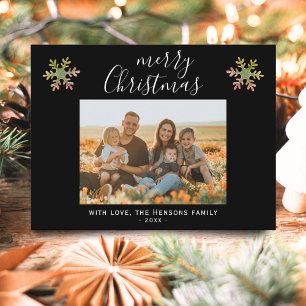 Cartes Pour Fêtes Annuelles Flèche de neige Noir Script de Noël Photo de famil