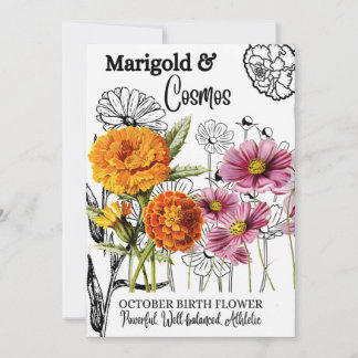 Cartes Pour Fêtes Annuelles Fleur de naissance, Octobre, Marigold, Cosmos, Ann