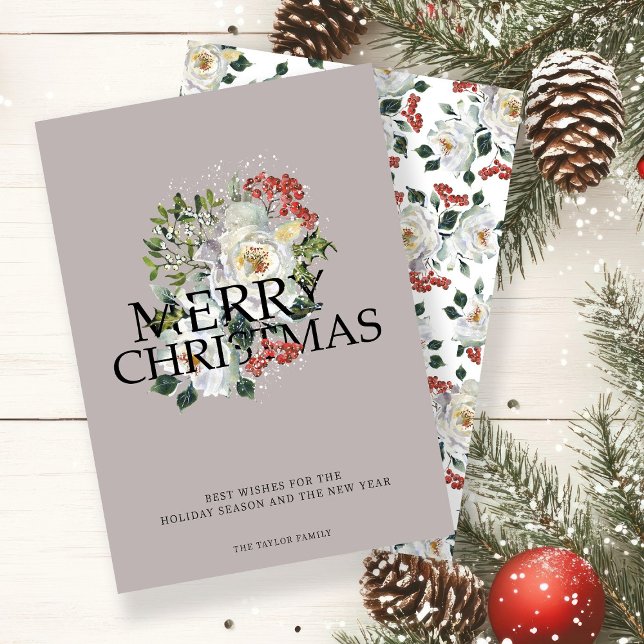 Cartes Pour Fêtes Annuelles Fleur de rose blanche de Noël personnalisée (Christmas White Rose Flower Personalized Holiday Card by Ricaso. Stunning winter foliage with roses)
