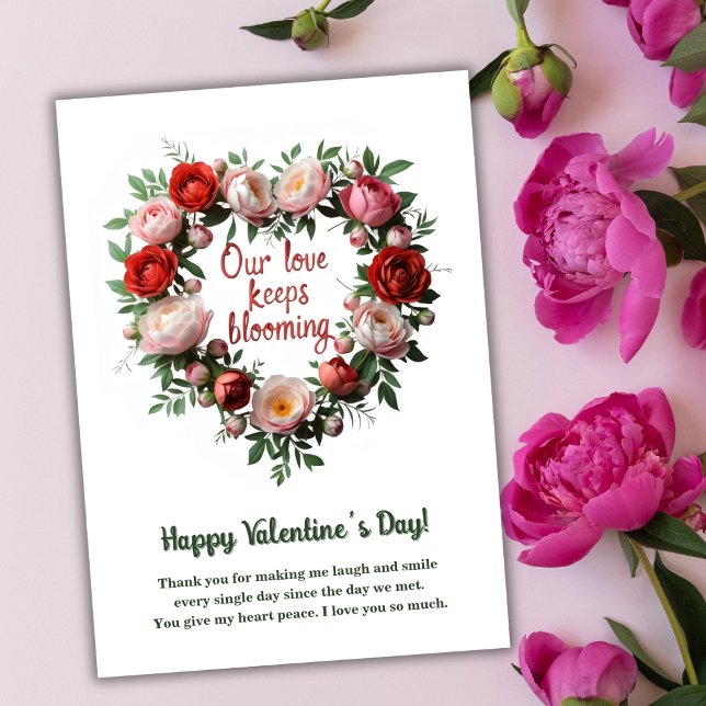 Cartes Pour Fêtes Annuelles Fleur Romantique en Fleurs Cœur Saint-Valentin (Romantic Blooming Floral Heart Valentine's Day Holiday Card)