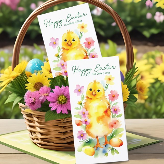 Cartes Pour Fêtes Annuelles Fleurs Aquarelles Pâques Jaunes Mignonnes (Cute yellow Easter chick watercolor floral basket card)