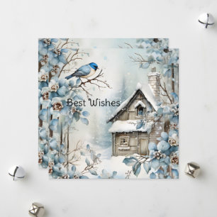 Cartes Pour Fêtes Annuelles Fleurs Bleu Pastel Oiseau Vieille Maison Noël