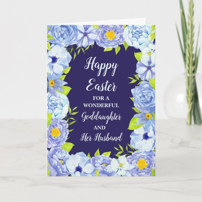 Cartes Pour Fêtes Annuelles Fleurs Bleues Joyeuses Fille de Pâques et mari (Devant)