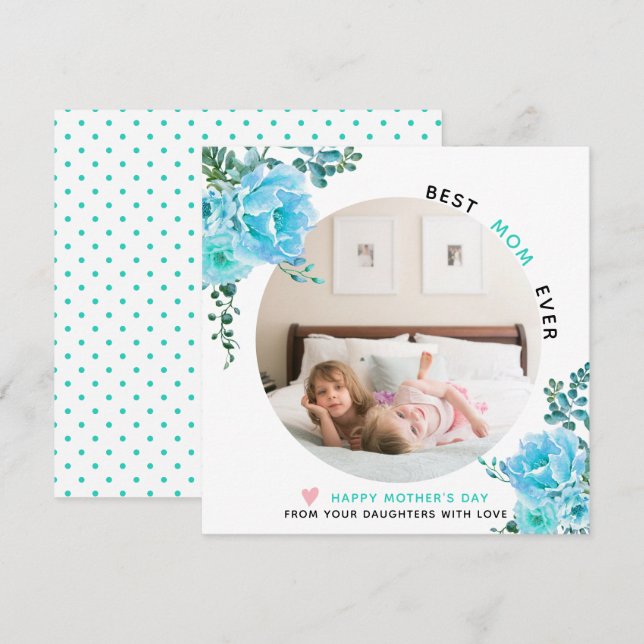 Cartes Pour Fêtes Annuelles Fleurs d'Aqua Meilleure maman Meilleure photo de l (Devant / Derrière)