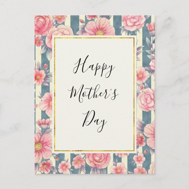 Cartes Pour Fêtes Annuelles Fleurs d'aquarelle rose en rayures Fête des mères (Devant)