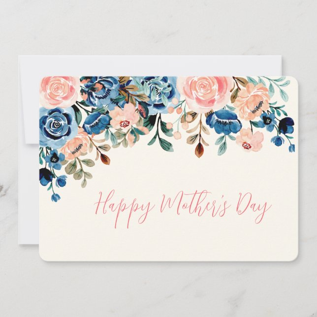 Cartes Pour Fêtes Annuelles Fleurs d'aquarelle rose et bleu Fête des mères (Devant)