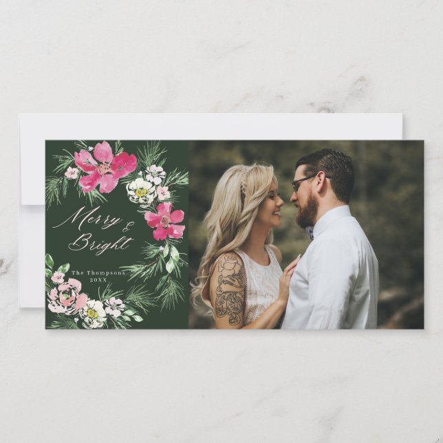 Cartes Pour Fêtes Annuelles Fleurs d'aquarelle rose pâle et vert pâle (Devant)