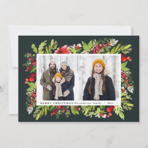Cartes Pour Fêtes Annuelles Fleurs d'aquarelle traditionnelles + feuillage Noë