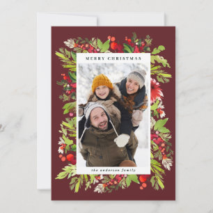 Cartes Pour Fêtes Annuelles Fleurs d'aquarelle traditionnelles + feuillage Noë