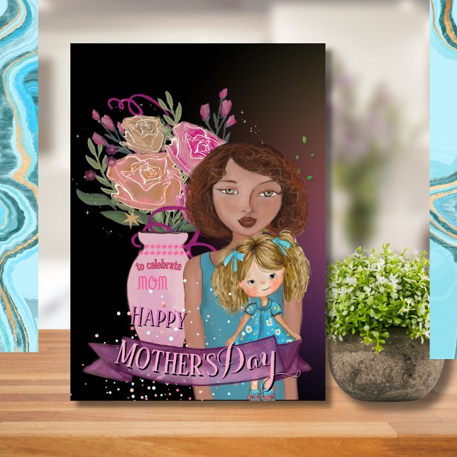 Cartes Pour Fêtes Annuelles Fleurs d'aquarelle Whimsical mère fille (Mother, Daughter & Flowers _ Happy Mother's Day Holiday Card)