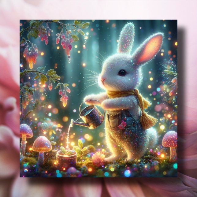 Cartes Pour Fêtes Annuelles Fleurs d'arrosage Whimsical White Rabbit Pâques (Créateur téléchargé)