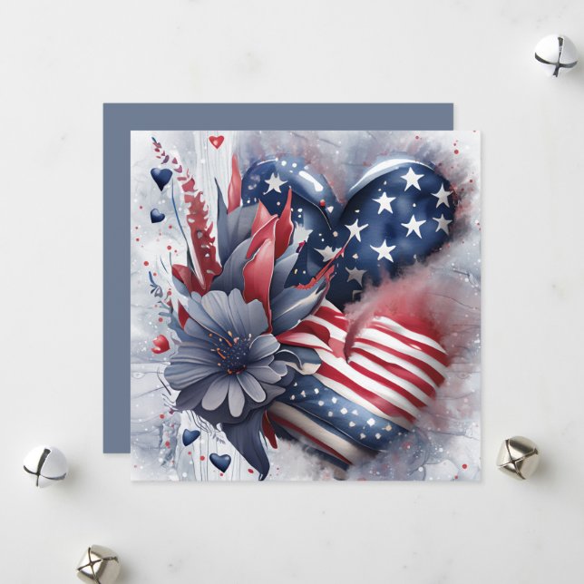 Cartes Pour Fêtes Annuelles Fleurs d'art de cœur d'Américain patriotique (Devant/Arrière en situation)