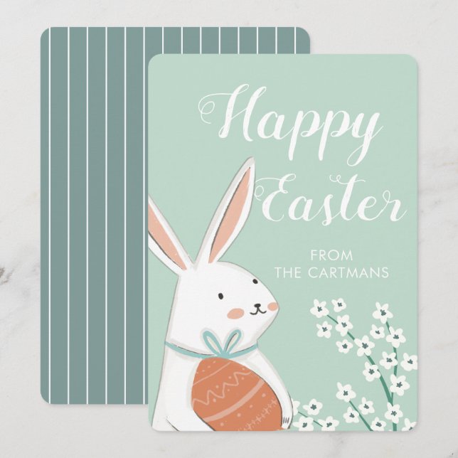 Cartes Pour Fêtes Annuelles Fleurs de lapin blanc mignonnes Joyeuses Pâques (Devant / Derrière)