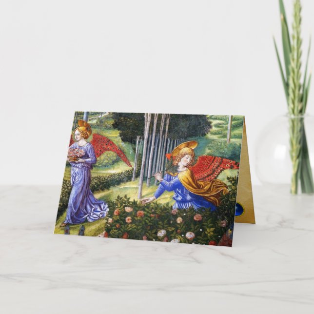 Cartes Pour Fêtes Annuelles Fleurs de rassemblement d'anges dans un paysage cé (Devant)