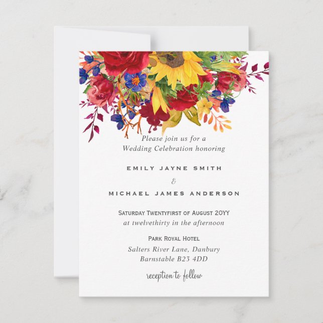 Cartes Pour Fêtes Annuelles Fleurs de soleil rustiques Jaune Bleu Rouge Mariag (Devant)
