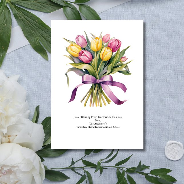 Cartes Pour Fêtes Annuelles Fleurs de tulipe rose-jaune personnalisées Pâques (Personalized Pink Yellow Bouquet of Flowers Tulips Easter Spring Card)