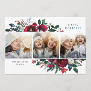 Cartes Pour Fêtes Annuelles Fleurs d'hiver de Noël élégantes 3 voeux photo