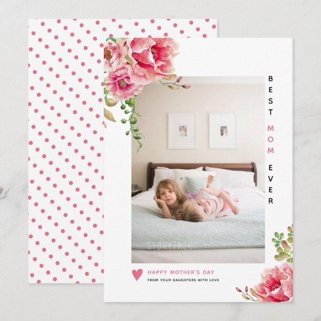 Cartes Pour Fêtes Annuelles Fleurs roses Meilleure maman Toujours la photo de  (Devant / Derrière)