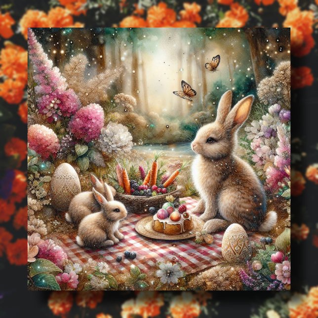 Cartes Pour Fêtes Annuelles Fleurs roses Papillons Bunny Pique-nique de Pâques (Créateur téléchargé)