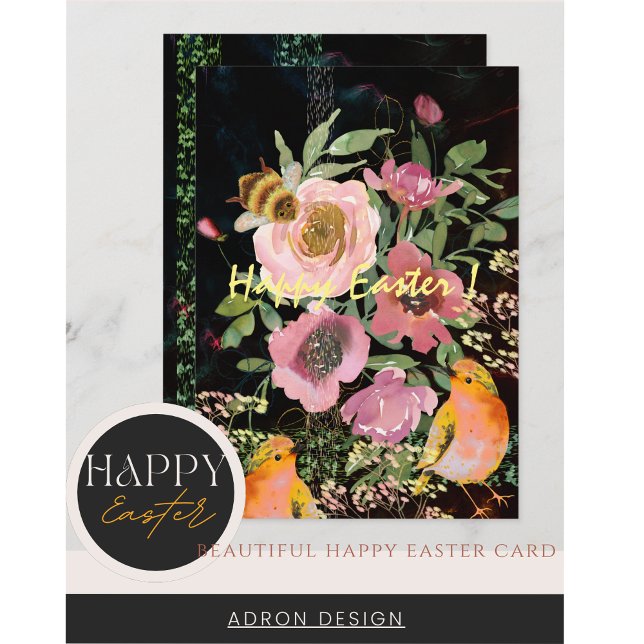 Cartes Pour Fêtes Annuelles Fleurs roses sur fond noir pour Pâques avec oiseau (Happy Easter Pink floral black with yellow birds and bumblebee Card)