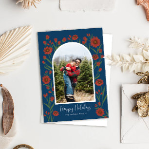 Cartes Pour Fêtes Annuelles Fleurs rouges bleues Boho Arched Photo Holiday Car