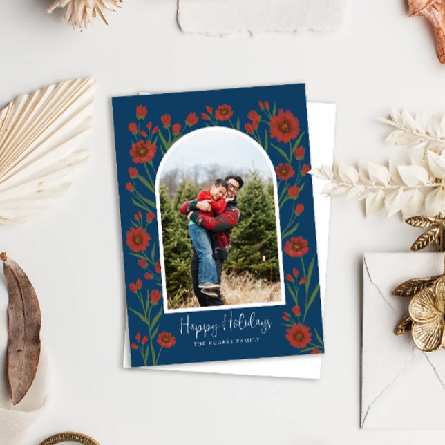 Cartes Pour Fêtes Annuelles Fleurs rouges bleues Boho Arched Photo Holiday Car (Créateur téléchargé)